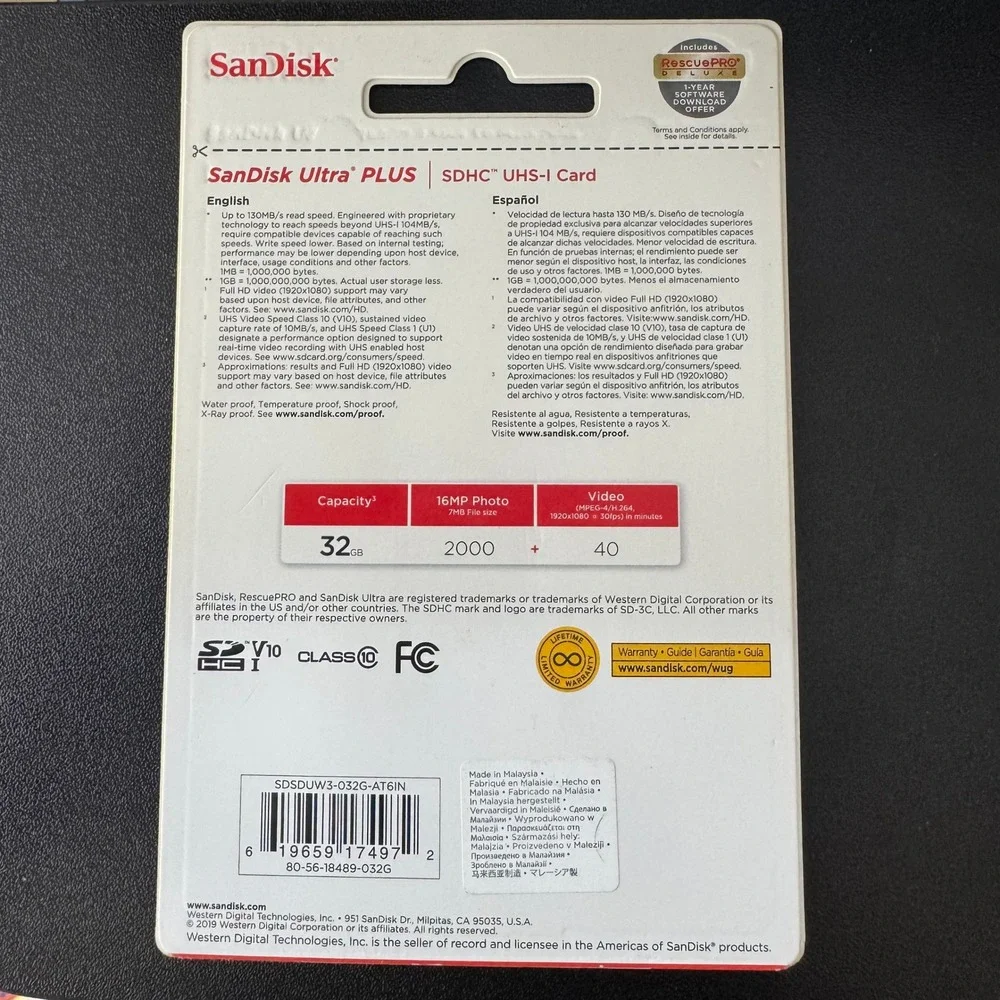 SanDisk Ultra PLUS 32GB SDHC UHS-I Memory Card 130MB/s C10 U1 SDSDUW3-032G-AT6IN